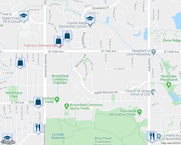 map of restaurants, bars, coffee shops, grocery stores, and more near 13447 King Lake Trail in Broomfield