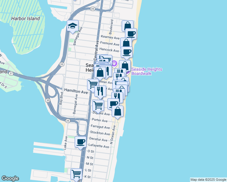 map of restaurants, bars, coffee shops, grocery stores, and more near 49 Webster Avenue in Seaside Heights