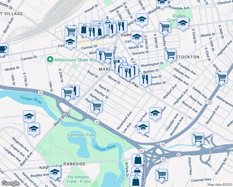 map of restaurants, bars, coffee shops, grocery stores, and more near 452 Rand Street in Camden