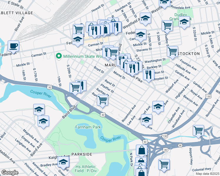 map of restaurants, bars, coffee shops, grocery stores, and more near 407 Rand Street in Camden
