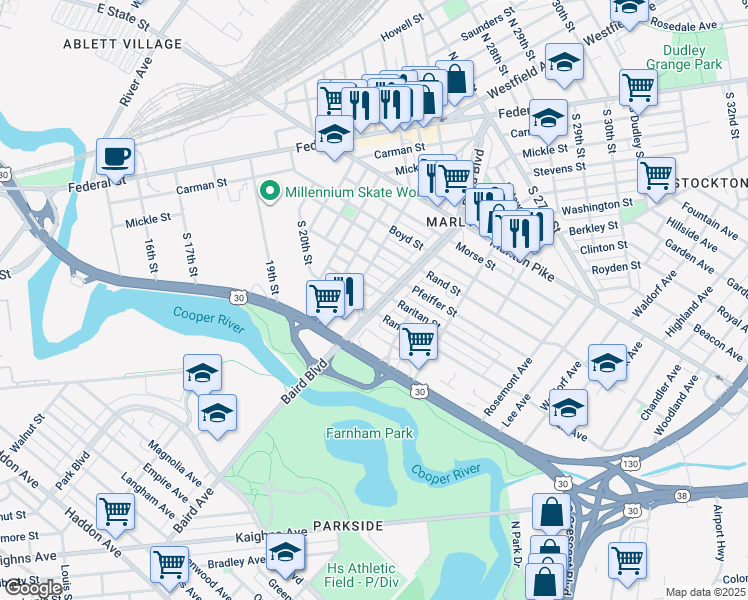 map of restaurants, bars, coffee shops, grocery stores, and more near 2213 Baird Boulevard in Camden