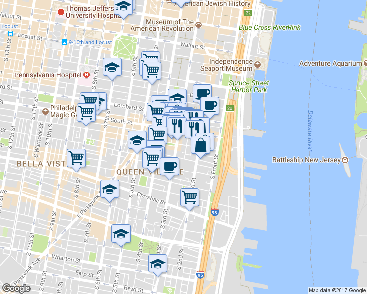 map of restaurants, bars, coffee shops, grocery stores, and more near in Philadelphia