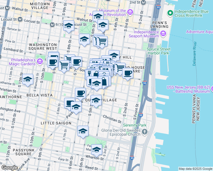map of restaurants, bars, coffee shops, grocery stores, and more near 413 Bainbridge Street in Philadelphia