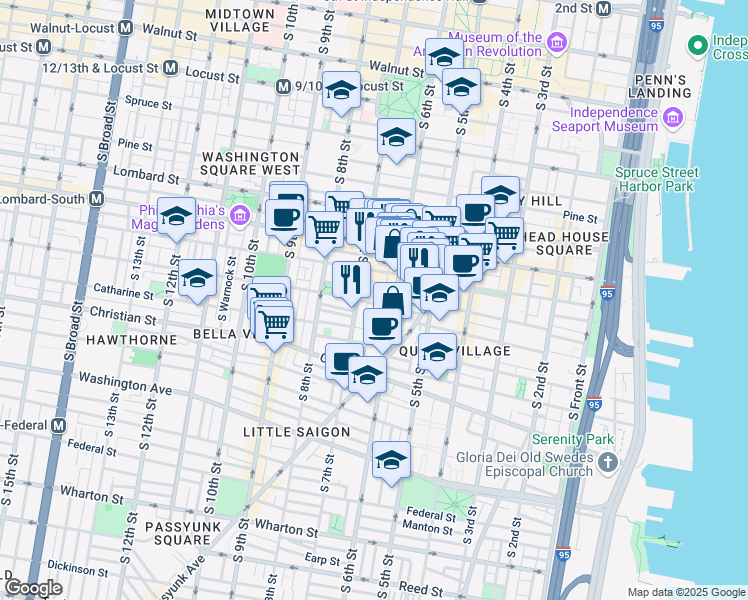 map of restaurants, bars, coffee shops, grocery stores, and more near in Philadelphia