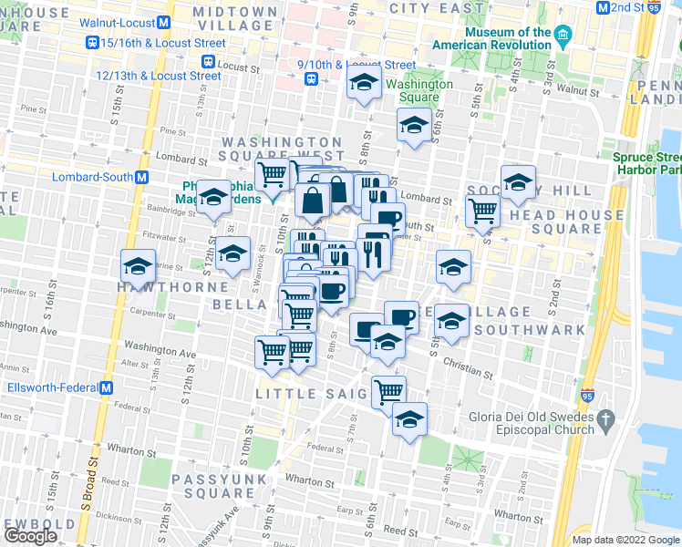 map of restaurants, bars, coffee shops, grocery stores, and more near 736 South 8th Street in Philadelphia