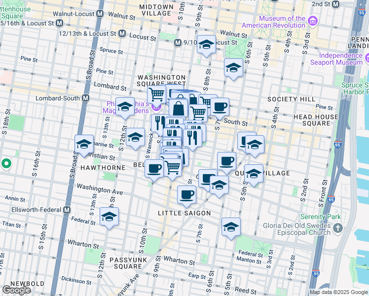 map of restaurants, bars, coffee shops, grocery stores, and more near 743 South 9th Street in Philadelphia
