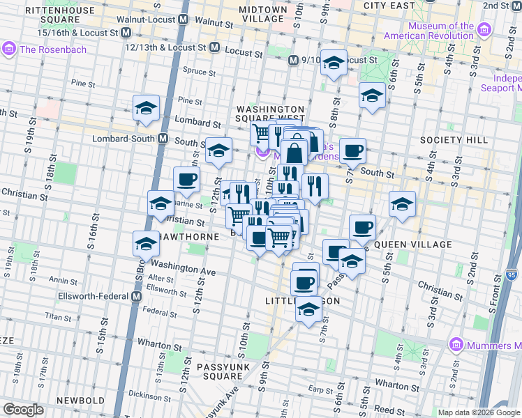 map of restaurants, bars, coffee shops, grocery stores, and more near 753 South 10th Street in Philadelphia