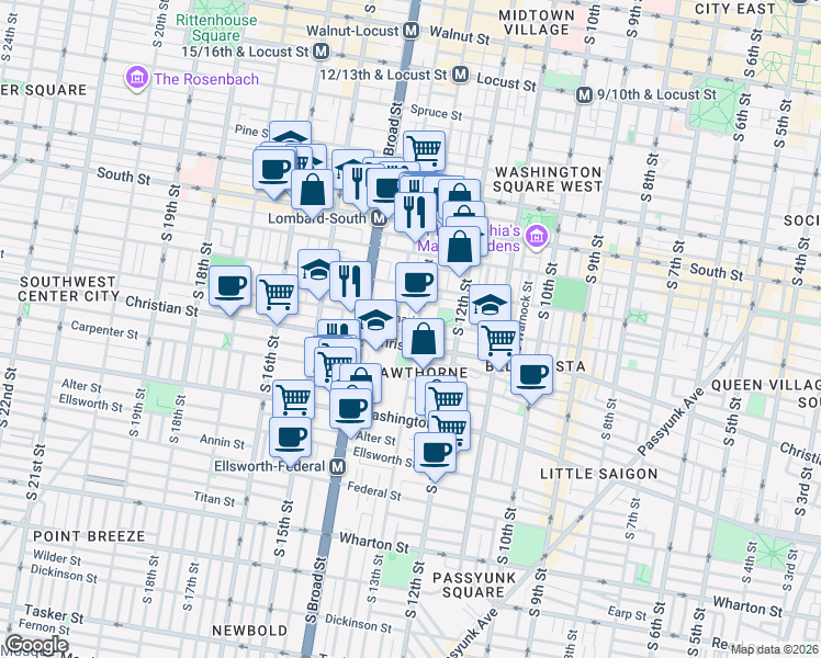 map of restaurants, bars, coffee shops, grocery stores, and more near 1331 Webster Street in Philadelphia