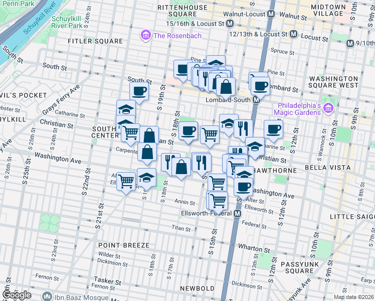 map of restaurants, bars, coffee shops, grocery stores, and more near 901 South 17th Street in Philadelphia