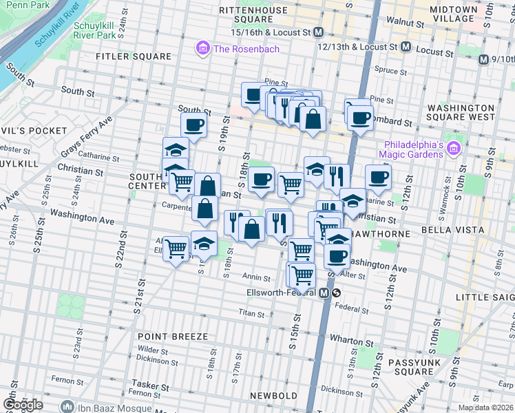 map of restaurants, bars, coffee shops, grocery stores, and more near 901 South 17th Street in Philadelphia