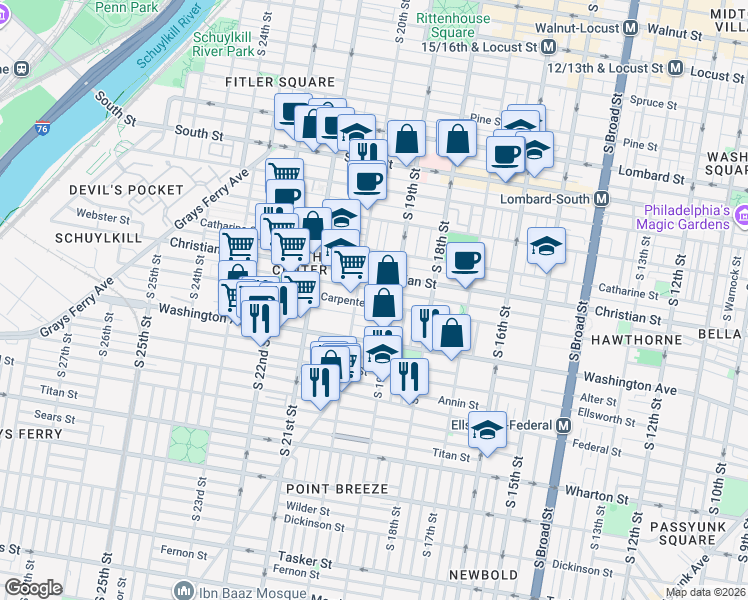 map of restaurants, bars, coffee shops, grocery stores, and more near 1928 Montrose Street in Philadelphia