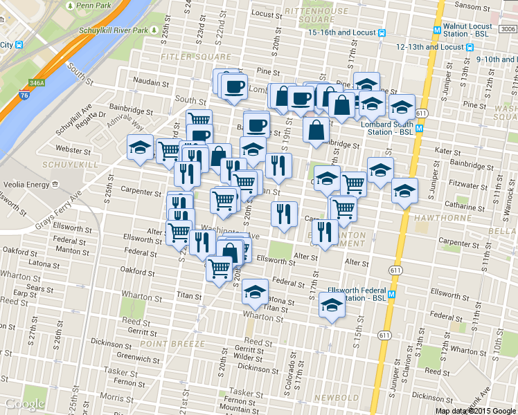 map of restaurants, bars, coffee shops, grocery stores, and more near 1928 Montrose Street in Philadelphia