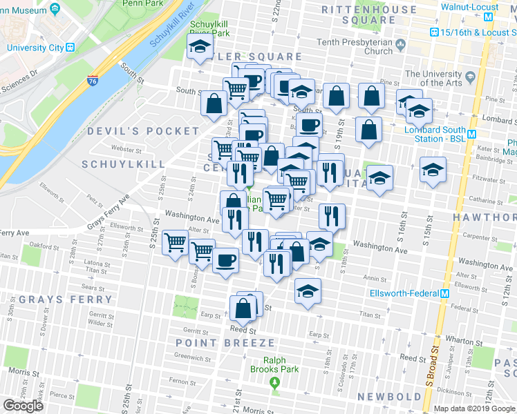 map of restaurants, bars, coffee shops, grocery stores, and more near 2120 Montrose Street in Philadelphia