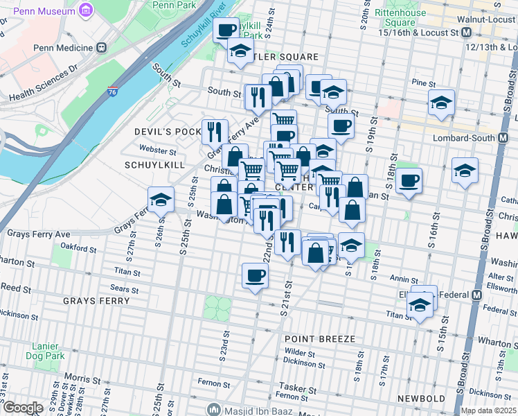map of restaurants, bars, coffee shops, grocery stores, and more near 2228 Kimball Street in Philadelphia