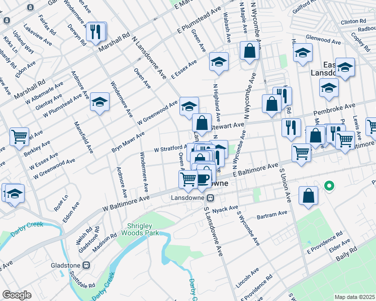 map of restaurants, bars, coffee shops, grocery stores, and more near 58 North Lansdowne Avenue in Lansdowne