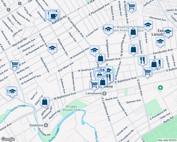 map of restaurants, bars, coffee shops, grocery stores, and more near 38 West Stratford Avenue in Lansdowne
