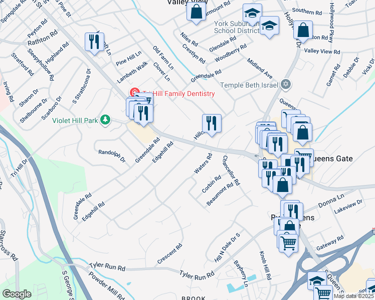 map of restaurants, bars, coffee shops, grocery stores, and more near 1860 South Queen Street in York