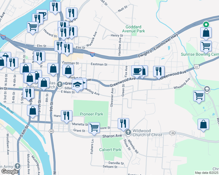 map of restaurants, bars, coffee shops, grocery stores, and more near 1166 Greenwood Avenue in Zanesville