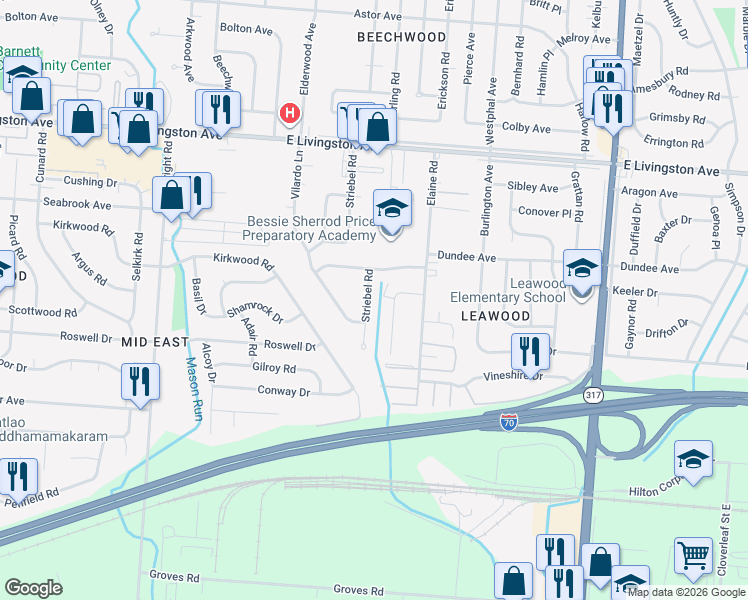 map of restaurants, bars, coffee shops, grocery stores, and more near 1627 Striebel Road in Columbus