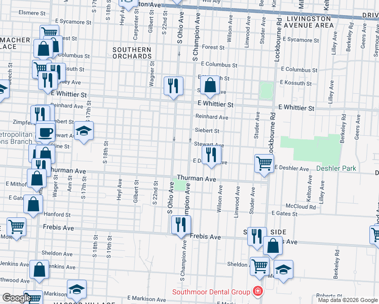 map of restaurants, bars, coffee shops, grocery stores, and more near 1201 South Champion Avenue in Columbus