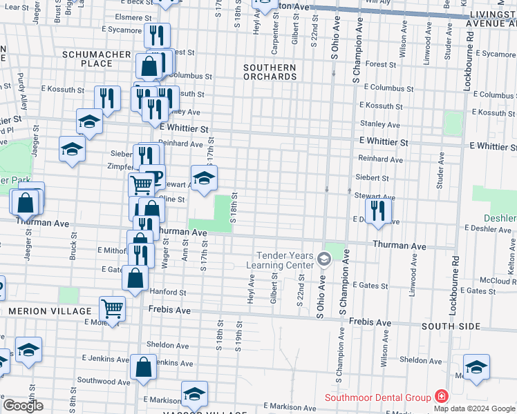 map of restaurants, bars, coffee shops, grocery stores, and more near 1155 Heyl Avenue in Columbus