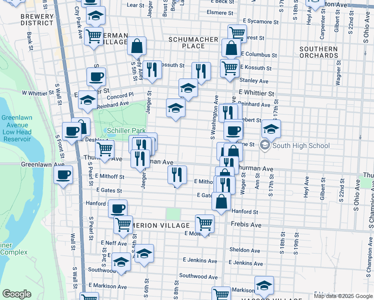 map of restaurants, bars, coffee shops, grocery stores, and more near 313 East Deshler Avenue in Columbus