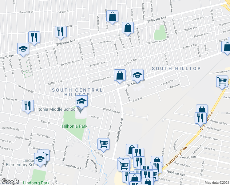 map of restaurants, bars, coffee shops, grocery stores, and more near 2145 West Mound Street in Columbus