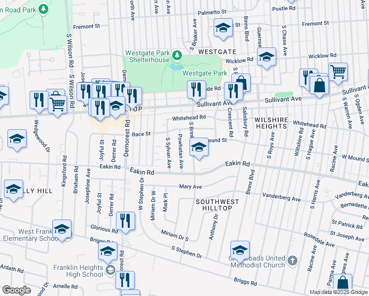 map of restaurants, bars, coffee shops, grocery stores, and more near 669 Powhatan Avenue in Columbus