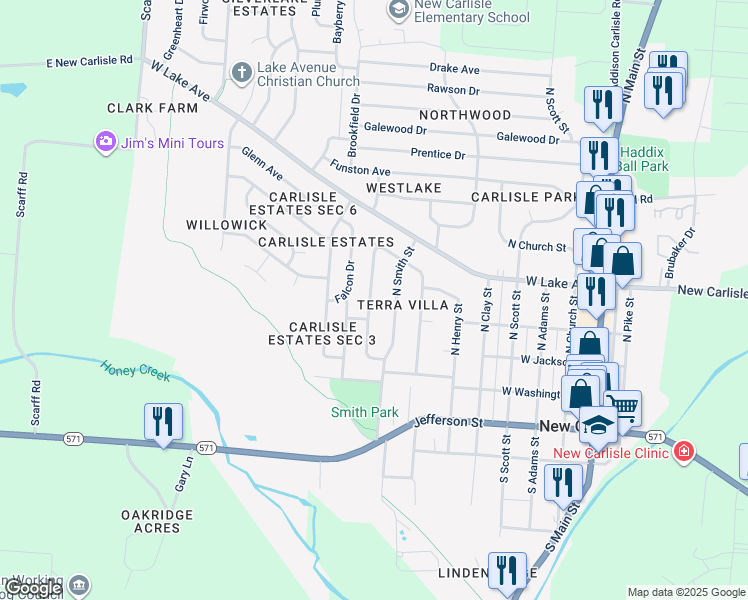 map of restaurants, bars, coffee shops, grocery stores, and more near 224 Orth Drive in New Carlisle
