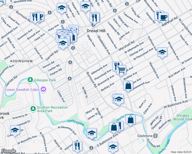 map of restaurants, bars, coffee shops, grocery stores, and more near 3433 Plumstead Avenue in Drexel Hill