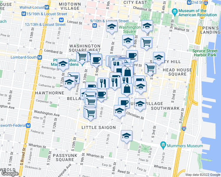map of restaurants, bars, coffee shops, grocery stores, and more near 726 Fitzwater Street in Philadelphia