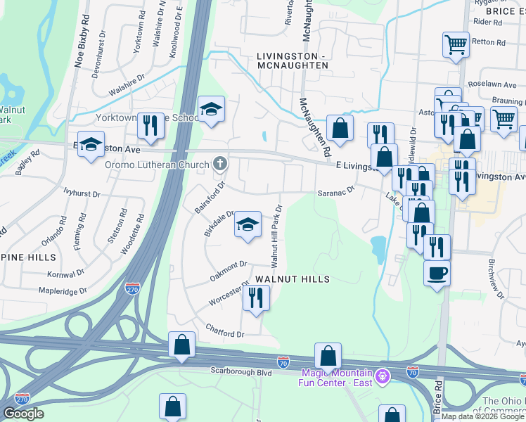 map of restaurants, bars, coffee shops, grocery stores, and more near 1891 Birkdale Drive in Columbus