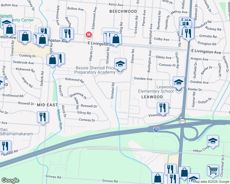 map of restaurants, bars, coffee shops, grocery stores, and more near 1627 Striebel Road in Columbus