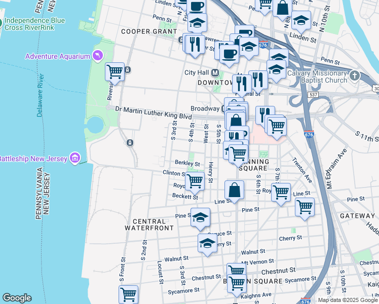 map of restaurants, bars, coffee shops, grocery stores, and more near S 4th St & Washington St in Camden