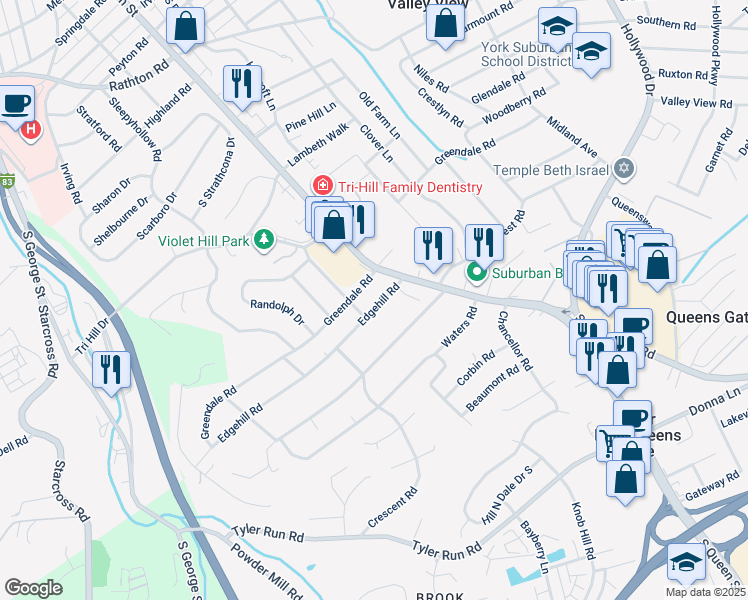 map of restaurants, bars, coffee shops, grocery stores, and more near 437 Edgehill Road in York