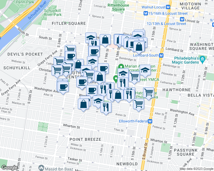 map of restaurants, bars, coffee shops, grocery stores, and more near 1816 Montrose Street in Philadelphia