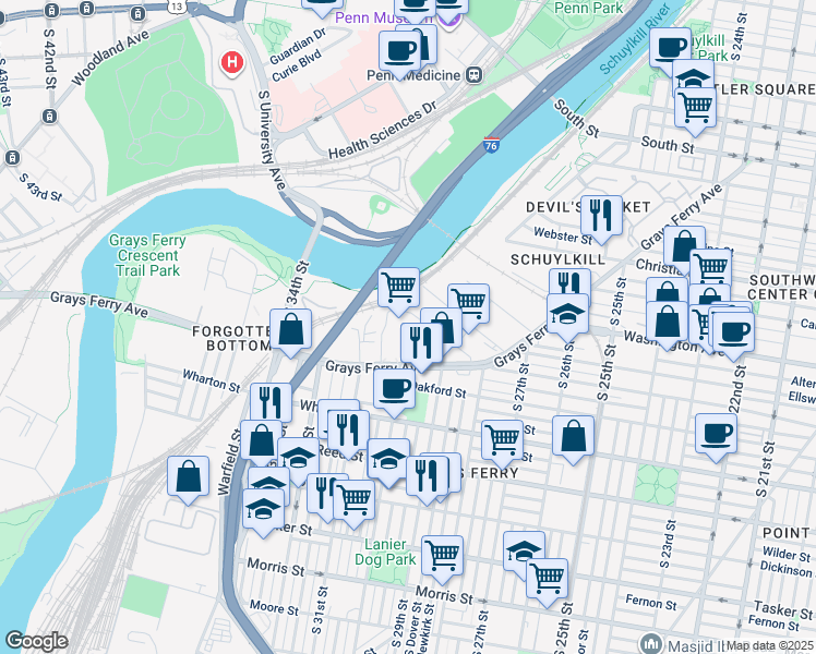 map of restaurants, bars, coffee shops, grocery stores, and more near 1103 S Stanley St in Philadelphia