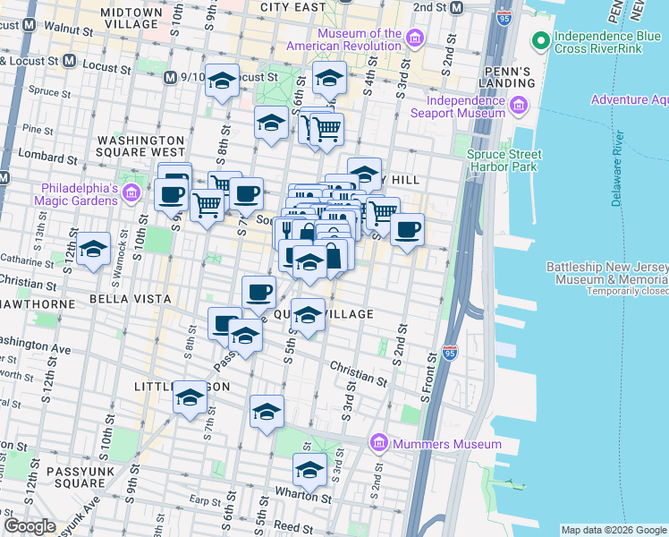 map of restaurants, bars, coffee shops, grocery stores, and more near 708 South 4th Street in Philadelphia