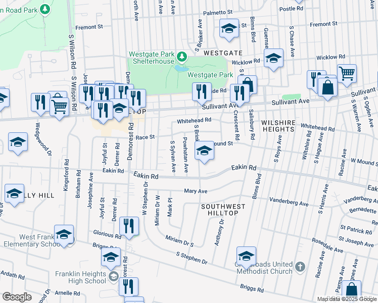 map of restaurants, bars, coffee shops, grocery stores, and more near 669 Powhatan Avenue in Columbus