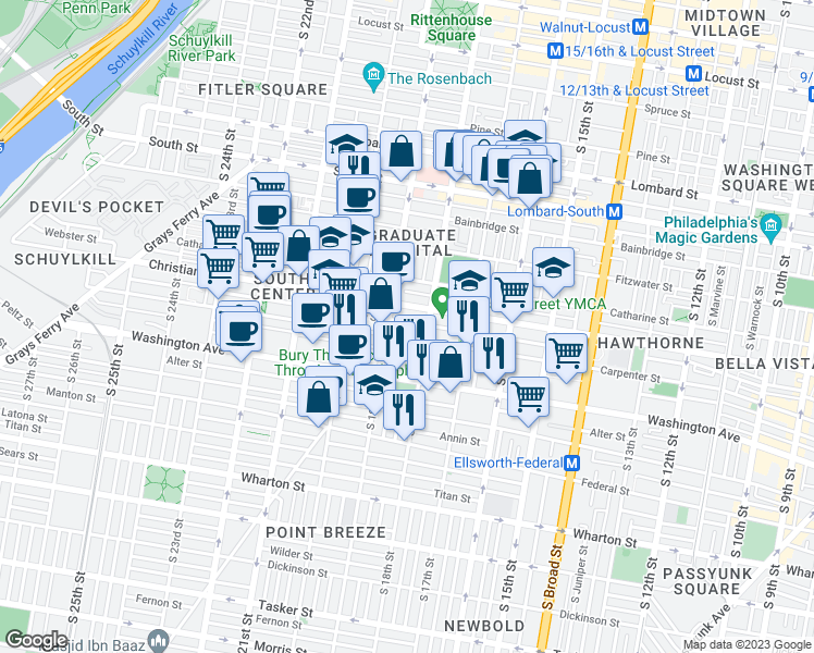 map of restaurants, bars, coffee shops, grocery stores, and more near 1818 Montrose Street in Philadelphia
