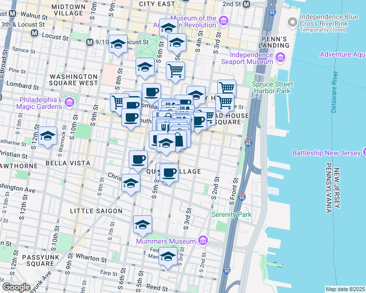 map of restaurants, bars, coffee shops, grocery stores, and more near 705 South 4th Street in Philadelphia