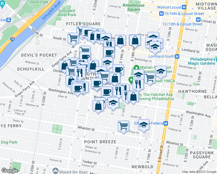 map of restaurants, bars, coffee shops, grocery stores, and more near 1933 Carpenter Street in Philadelphia