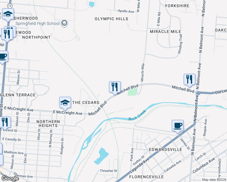map of restaurants, bars, coffee shops, grocery stores, and more near 1100 Mitchell Boulevard in Springfield