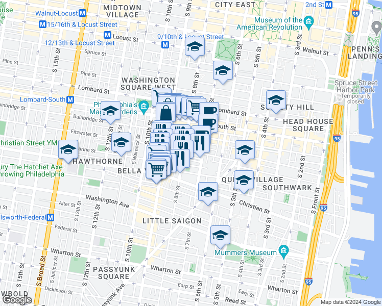 map of restaurants, bars, coffee shops, grocery stores, and more near 732 Fitzwater Street in Philadelphia