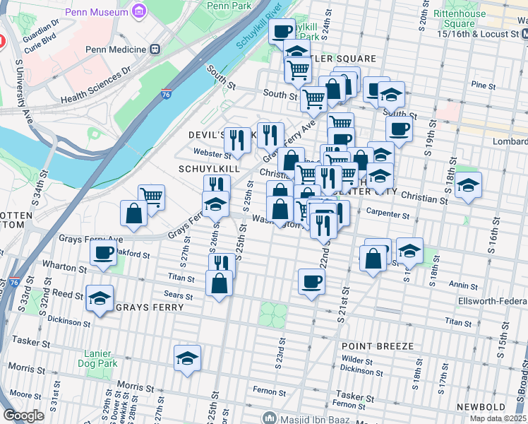 map of restaurants, bars, coffee shops, grocery stores, and more near 2401 Washington Avenue in Philadelphia