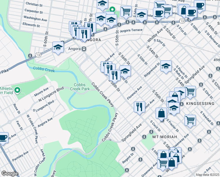 map of restaurants, bars, coffee shops, grocery stores, and more near 5822 Hadfield Street in Philadelphia