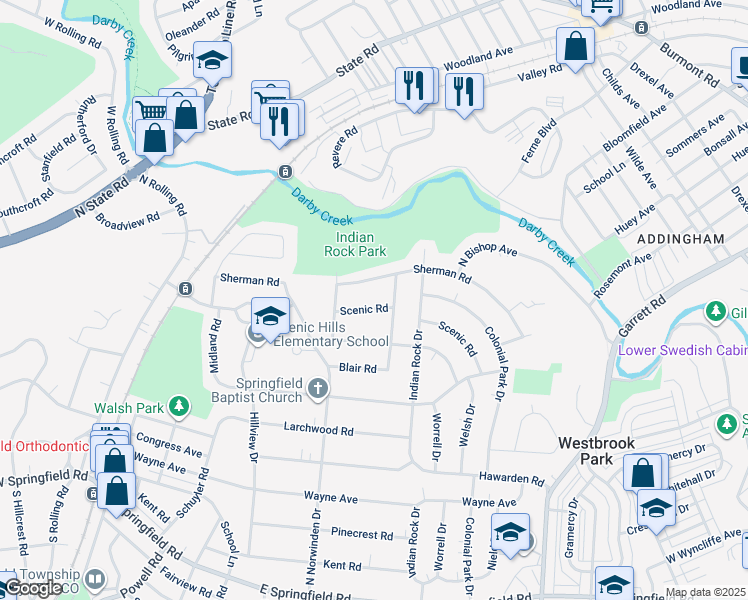 map of restaurants, bars, coffee shops, grocery stores, and more near 435 Scenic Road in Springfield