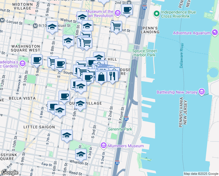 map of restaurants, bars, coffee shops, grocery stores, and more near 210 Bainbridge Street in Philadelphia