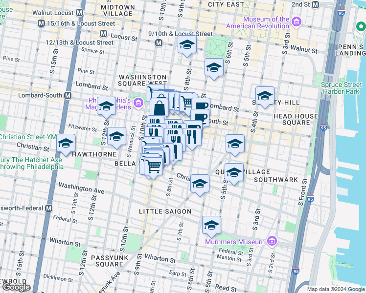 map of restaurants, bars, coffee shops, grocery stores, and more near 732 Fitzwater Street in Philadelphia