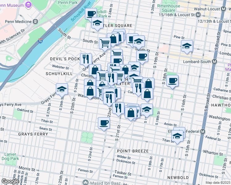 map of restaurants, bars, coffee shops, grocery stores, and more near 2135 Kimball St in Philadelphia